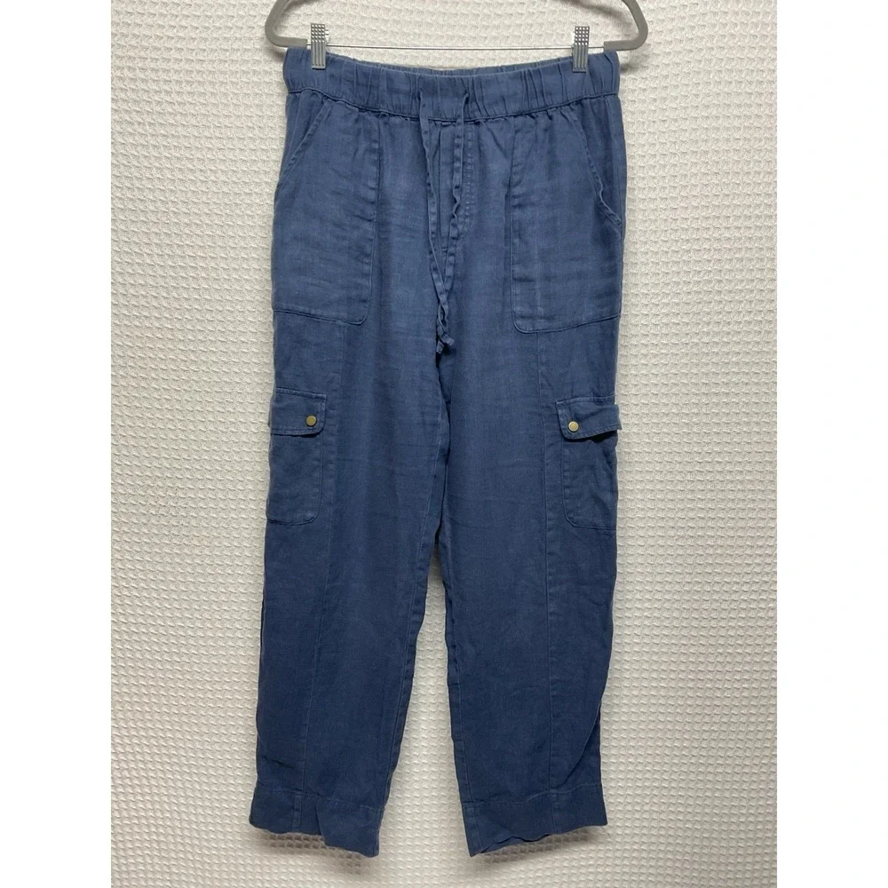 C&C‎ California Cargo Pants Womens Large Blue 100% Linen Pull On High